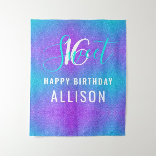 Sweet 16 Birthday Party Teal Purple Glitter Name Tapestry