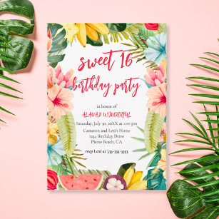 Sweet 16 Birthday Party Tropical Floral Watercolor Invitation