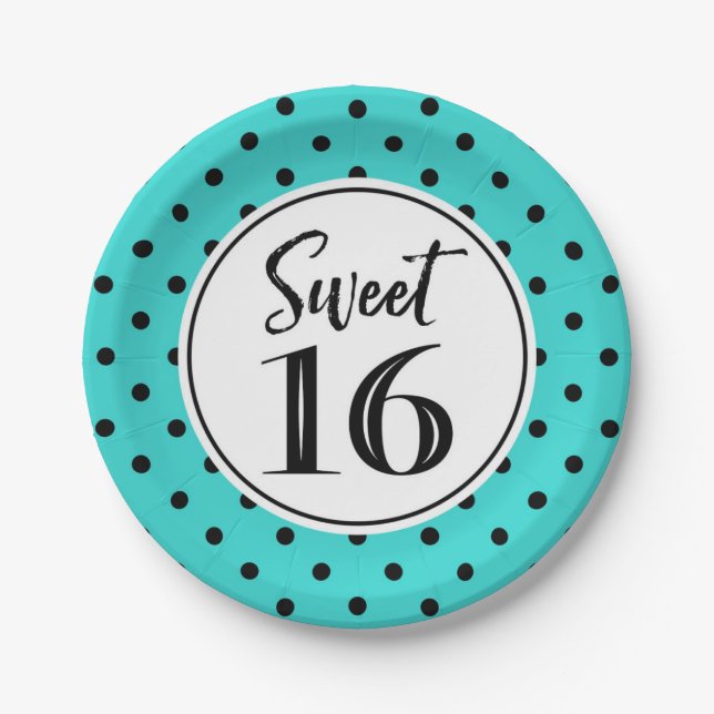 Sweet 16 Birthday Party Turquoise White Black Dots Paper Plates (Front)