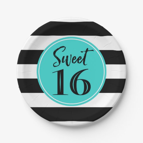 Sweet 16 Birthday Party Turquoise White Stripes Paper Plates