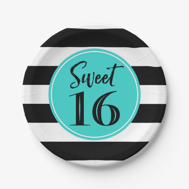 Sweet 16 Birthday Party Turquoise White Stripes Paper Plates (Front)