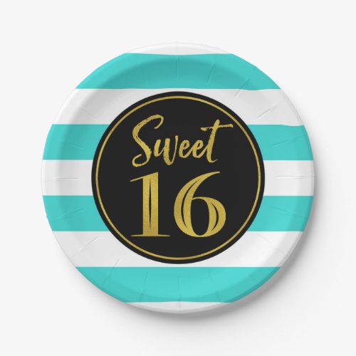 Sweet 16 Birthday Party Turquoise White Stripes Paper Plates