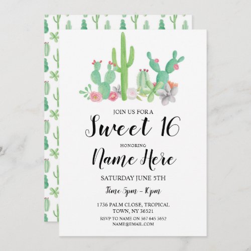 Sweet 16 Birthday Party Watercolor Cactus Cacti Invitation