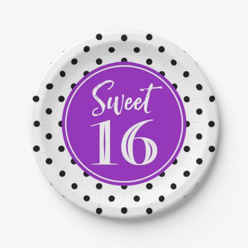 Sweet 16 Birthday Party White Purple Black Dots Paper Plates