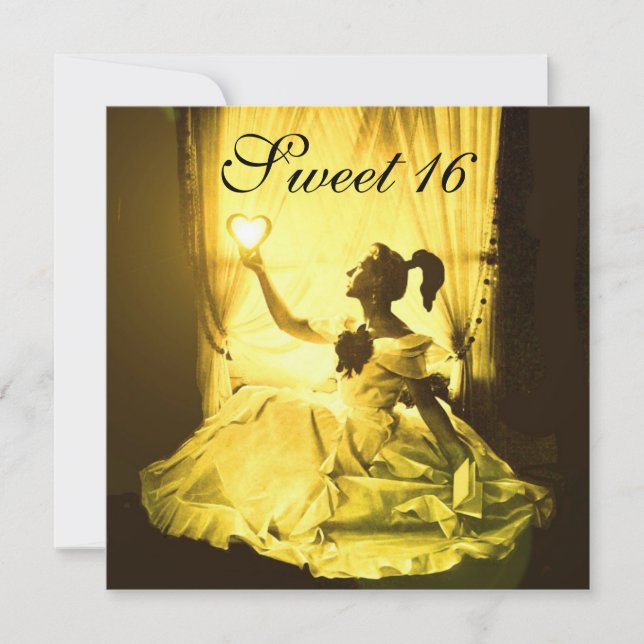 SWEET 16 BIRTHDAY PARTY,YELLOW BLACK GOLD DAMASK INVITATION (Front)
