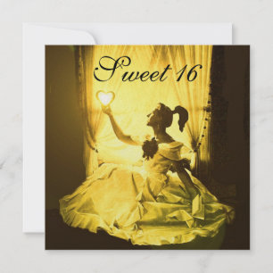 SWEET 16 BIRTHDAY PARTY,YELLOW BLACK GOLD DAMASK INVITATION