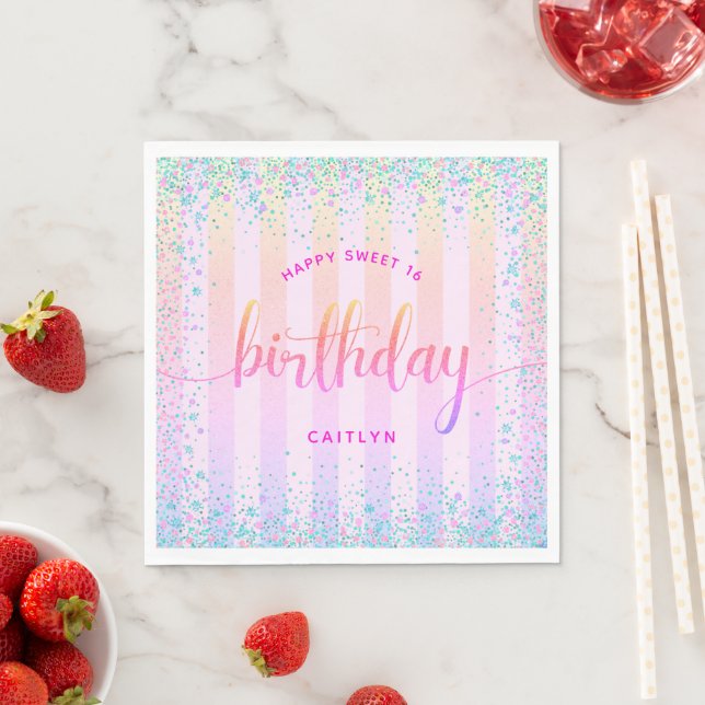 Sweet 16 birthday pastel glitter rainbow ombre napkins (Insitu)