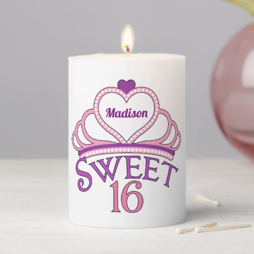 Sweet 16 Birthday Personalized Pink Princess Tiara Pillar Candle