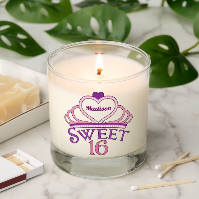 Sweet 16 Birthday Personalized Pink Princess Tiara Scented Candle (Lit)