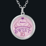 Sweet 16 Birthday Personalized Pink Princess Tiara Silver Plated Necklace<br><div class="desc">Cute sweet sixteen necklace birthday gift to give out as party favors at the end of your big teenage bash. Personalize by writing your name in pretty purple script inside of the pink tiara. A pretty sweet 16 design.</div>