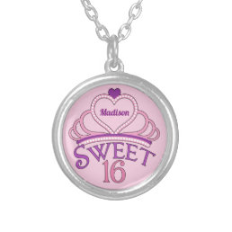 Sweet 16 Birthday Personalized Pink Princess Tiara Silver Plated Necklace