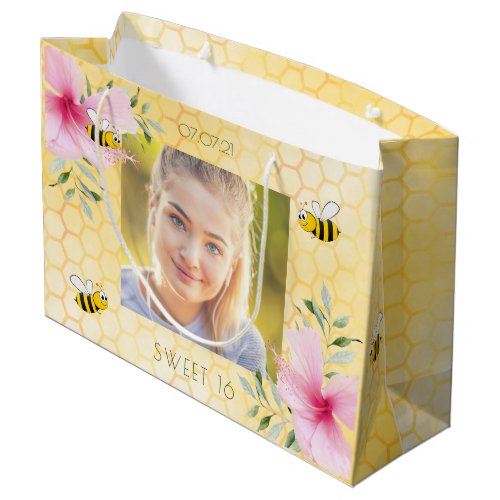 Sweet 16 birthday photo bumble bees honeycomb large gift bag