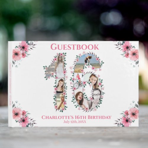 Sweet 16 Birthday Photo Collage Flower Girl White Guest Book