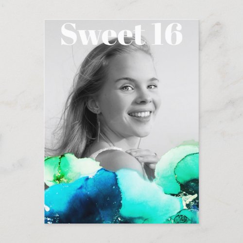 ~* Sweet 16 Birthday Photo Green Navy Mint AP29  Invitation Postcard