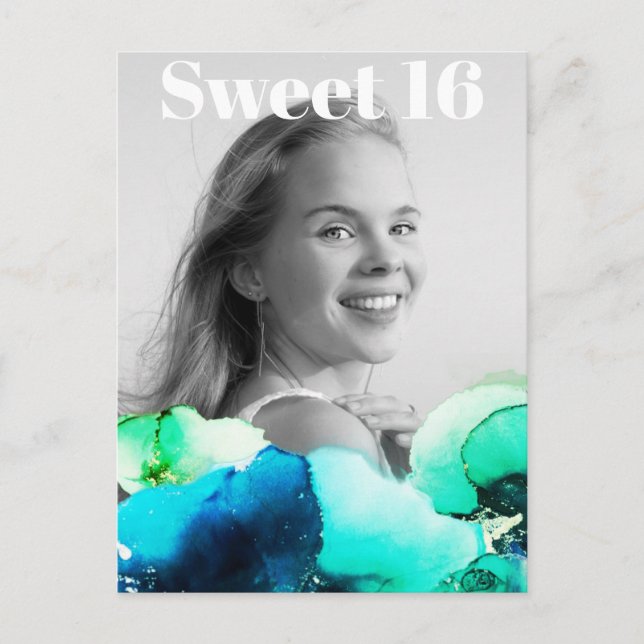 ~* Sweet 16 Birthday Photo Green Navy Mint AP29  Invitation Postcard (Front)
