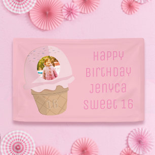 Sweet 16 Birthday Photo Pink Ice Cream Party Banner