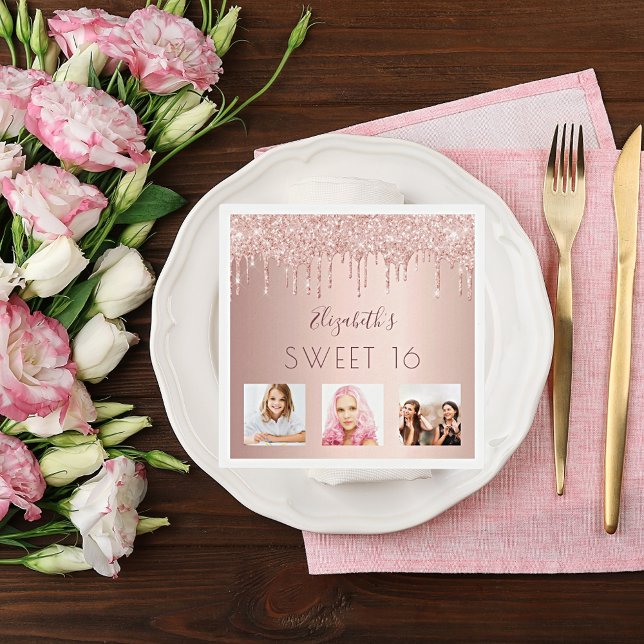 Sweet 16 birthday photo rose gold pink drips napkins (Creator Uploaded)