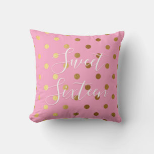 Sweet 16 Birthday Pink and Gold Foil Polka Dots Throw Pillow