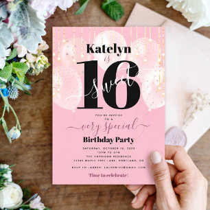 Sweet 16 Birthday Pink Balloons Gold Girly Bold Invitation