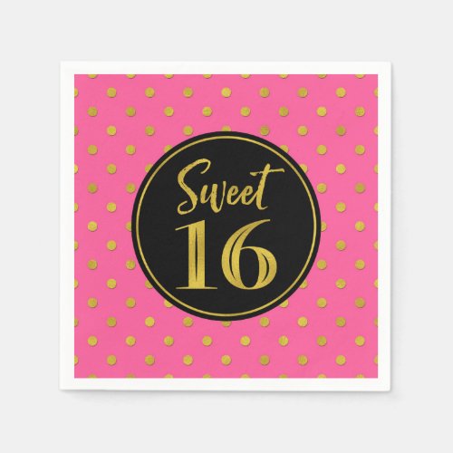 Sweet 16 Birthday Pink Black Gold Dots  Napkins
