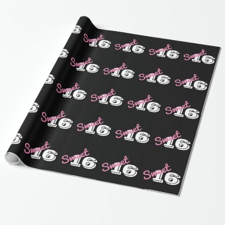 Sweet 16 Birthday Pink Black White Wrapping Paper