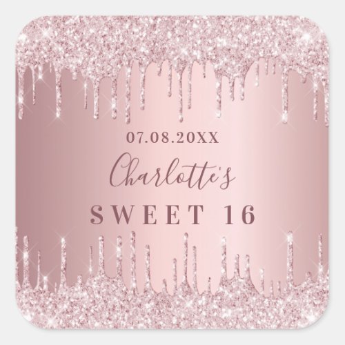 Sweet 16 birthday pink dusty rose glitter monogram square sticker