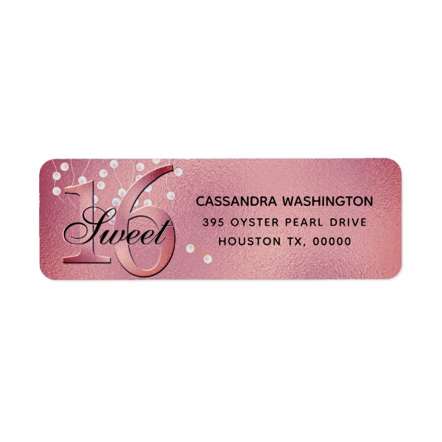Sweet 16 Birthday Pink Faux Foil and Pearls Label (Front)