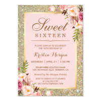 Sweet 16 Birthday | Pink Floral Gold Glitters Card