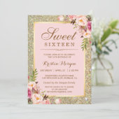 Sweet 16 Birthday | Pink Floral Gold Glitters Invitation (Standing Front)