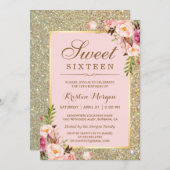 Sweet 16 Birthday | Pink Floral Gold Glitters Invitation (Front/Back)