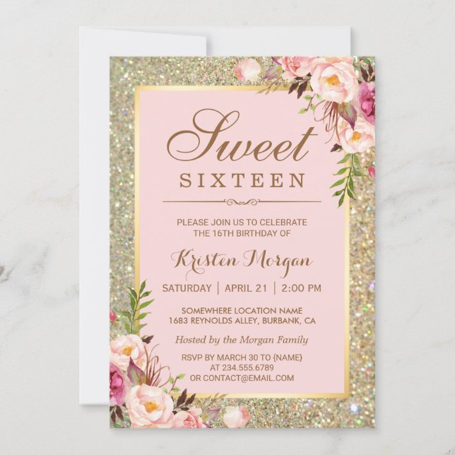 Sweet 16 Birthday | Pink Floral Gold Glitters Invitation (Front)