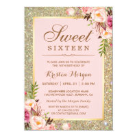 Sweet 16 Birthday | Pink Floral Gold Glitters Invitation