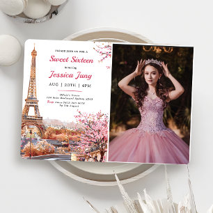 Sweet 16 Birthday Pink Floral Paris Eiffel Photo  Invitation