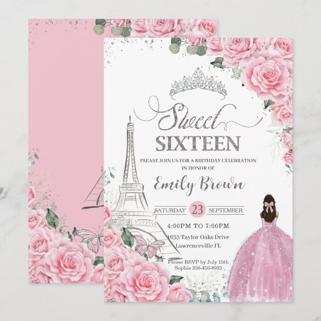 Sweet 16 Birthday Pink Floral Paris Eiffel Silver Invitation (Front/Back)