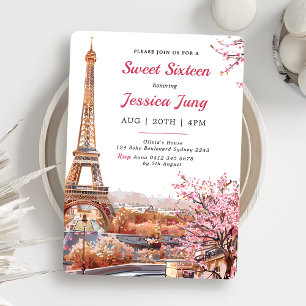 Sweet 16 Birthday Pink Floral Paris Eiffel Tower Invitation