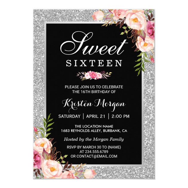 Sweet 16 Birthday | Pink Floral Silver Glitters Card (front side)