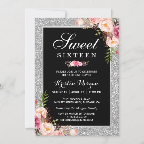 Sweet 16 Birthday | Pink Floral Silver Glitters Card