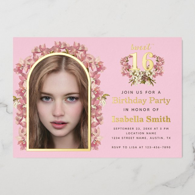Sweet 16 Birthday Pink Girl Photo Orchids Arch  Foil Invitation (Front)