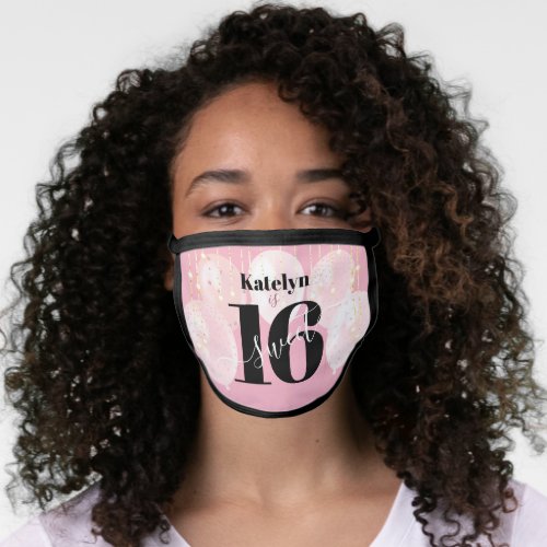 Sweet 16 Birthday Pink Glam Girly Balloon Script Face Mask