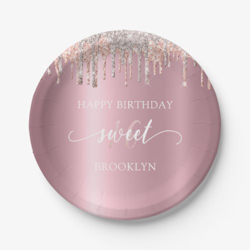 Sweet 16 Birthday Pink Glitter Drips Silver  Paper Plates