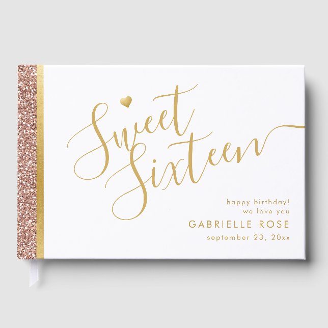 Sweet 16 Birthday Pink Glitter Gold Guest Book (Front)