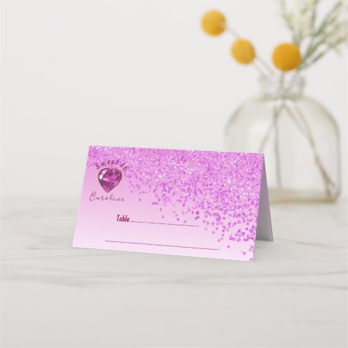 Sweet 16 Birthday Pink Glitter  Pink Gem Place Card