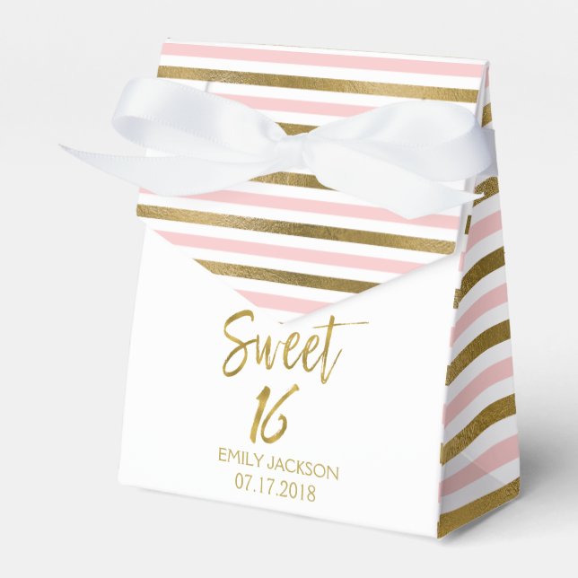 Sweet 16 Birthday Pink & Gold Foil Stripes Favor Boxes (Front Side)
