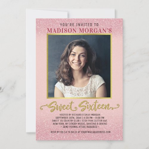 Sweet 16 Birthday Pink Gold Glitter Custom Photo Invitation