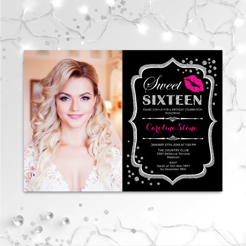 Sweet 16 Birthday Pink Kiss Silver Black Photo Invitation