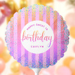 Sweet 16 birthday pink purple rainbow glitter bold balloon<br><div class="desc">Add some extra style to your favorite Sweet 16 birthday girl’s celebration party with these customizable balloons! Stunning, modern, tiny sparkly turquoise blue faux glitter confetti dots and pink yellow orange ombre typography script overlay a light pink and rainbow ombre glitter striped background. Personalize the custom text with the birthday...</div>