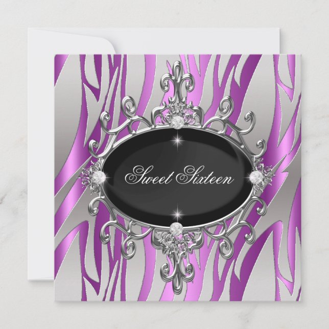 Sweet 16 Birthday Pink Purple Zebra Black Stripe Invitation (Front)