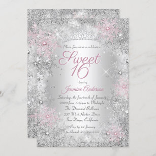 Sweet 16 Birthday Pink Silver Winter Wonderland Invitation