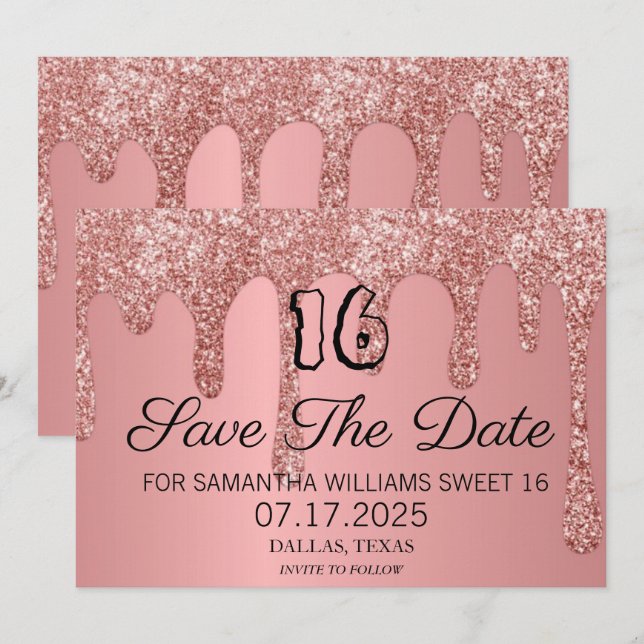 Sweet 16 Birthday Pink Sparkle Glitter Drips Save The Date (Front/Back)