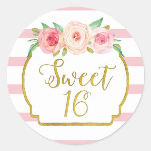 Sweet 16 Birthday Pink Stripes Gold Pink Floral Classic Round Sticker